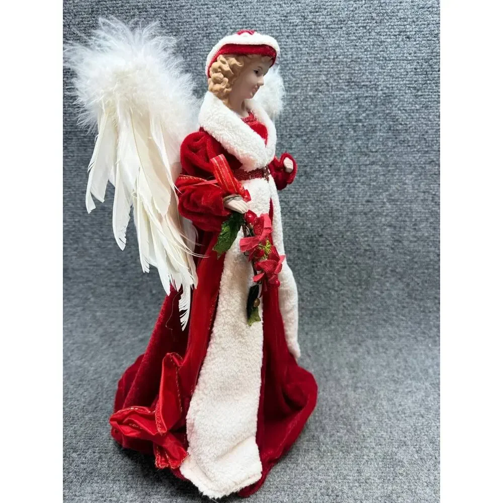Christmas Angel Figurine Red Dress Feather Wings Holiday Decor